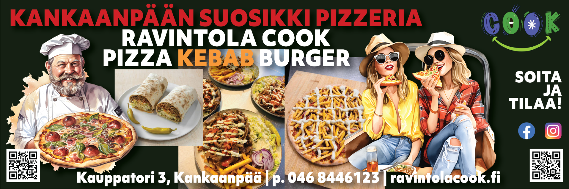 Ravintola Cook on Kankaanpään suosikki pizzeria. Tarjontaamme kuuluvat pizzat, kebabit, salaatit, burgerit. Lämpimästi tervetuloa!