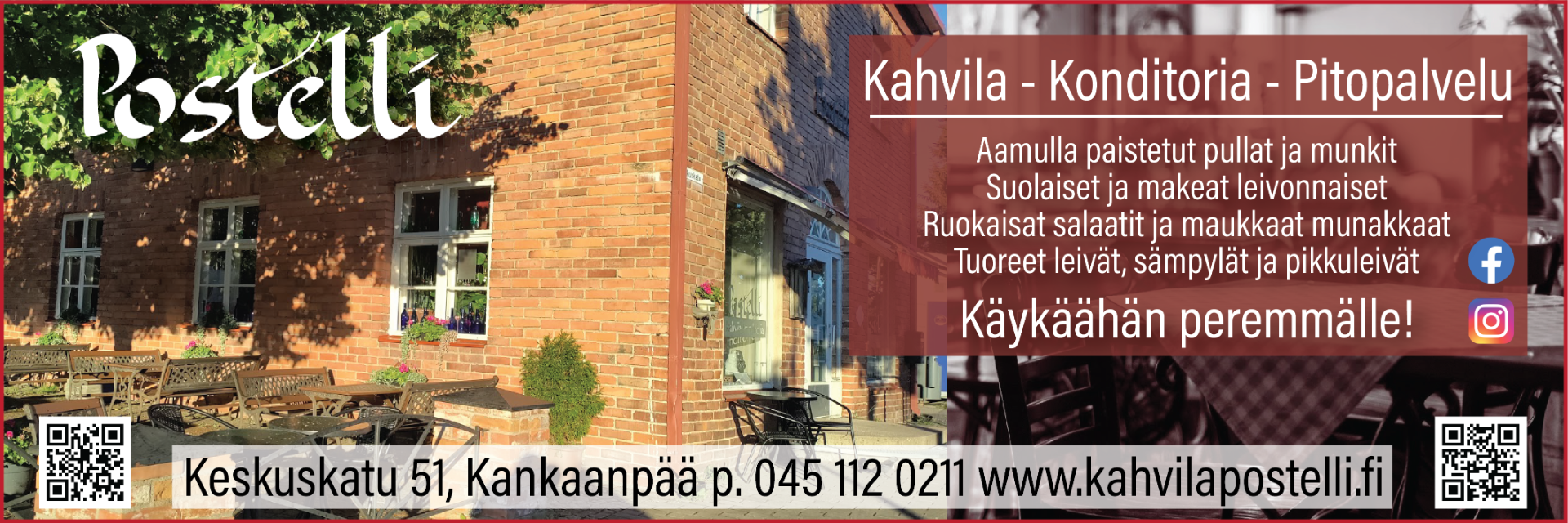 Viihtyisä kahvila-konditoria Postelli on lämminhenkinen kohtaamispaikka Kankaanpään parhaalla paikalla. Käykäähän peremmälle! Maistuvaa moneen lähtöön.