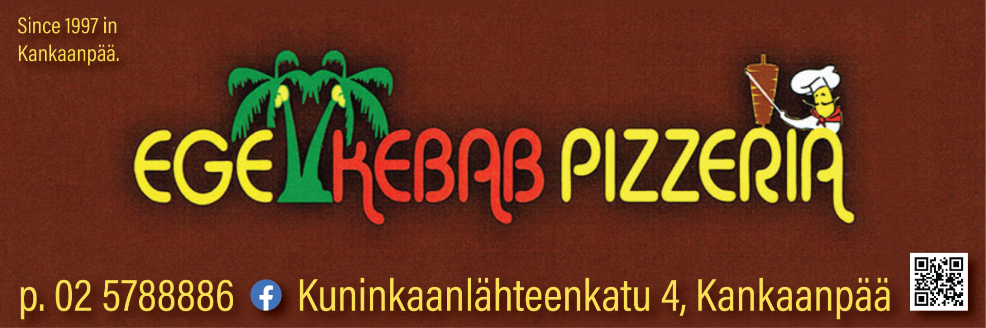 Ege Kebab Pizzeria tarjoaa muun muassa pizzoja, kebabeja ja kanaruokia. Valikoimaan kuuluu myös erilaisia juomia.