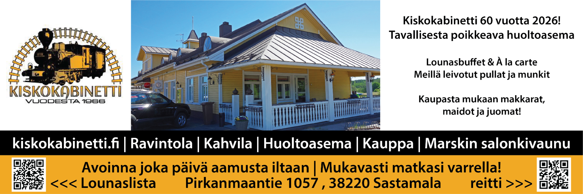 Kiskokabinetti - Liikenneaseman kattavat palvelut Sastamalassa! Meiltä löytyvät mm. sähköauton lataus, ruokailu, lounas, Mannerheimin salonkivaunu ja aktiviteetteja lapsille.
