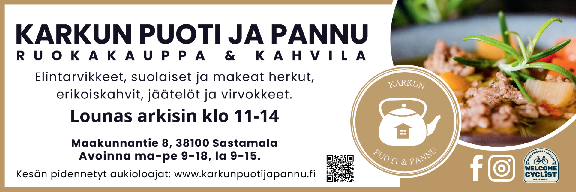 Karkun Puoti & Pannu - Elintarvikekauppa, keitto- tai uuniperunalounas arkisin klo 11-14, kahvia, herkkuleivonnaisia (myös matkaan mukaan), jäätelöä, apteekin palvelupiste sekä Karkun aurinkoisin terassi - lämpimästi tervetuloa!  #karkunpuotijapannu