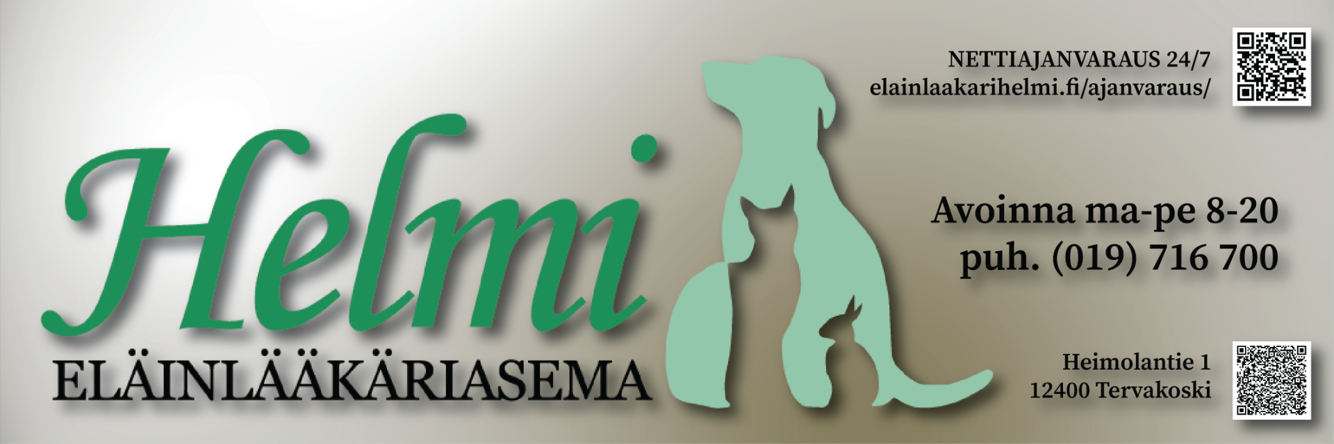 Eläinlääkäriasema Helmi on pieni, yksityinen ja täysin kotimainen eläinlääkäriasema Janakkalan Tervakoskella sekä Hämeenlinnan Tiiriössä! Toivotamme sinut ja lemmikkisi lämpimästi tervetulleeksi Helmeen! Olemme kaikki täällä juuri sinua varten.