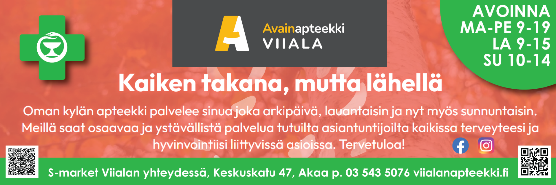 Avainapteekki Viiala - Viialan keskustassa sijaitsevassa apteekistamme haet jouhevasti sekä reseptilääkkeet että itsehoitotuotteet. Lisäksi tarjoamme asiantuntevaa palvelua terveytesi tueksi ja laajan valikoiman korkealuokkaista apteekkikosmetiikkaa. Apteekissa toimii myös terveyspiste.