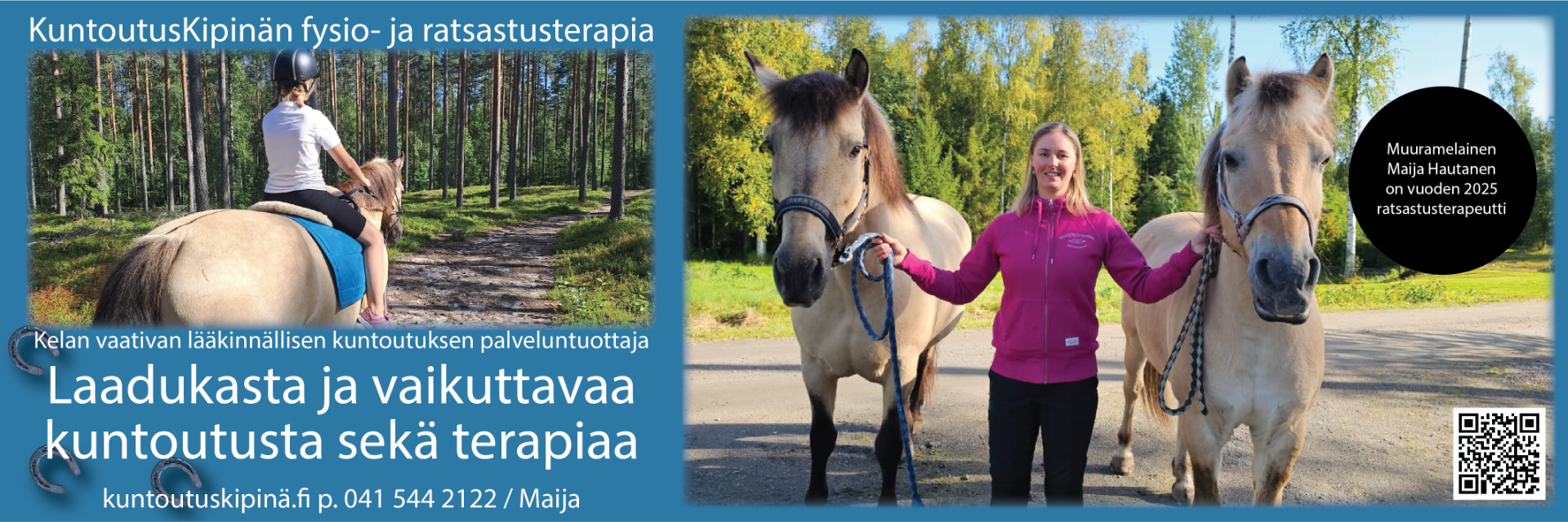 KuntoutusKipinä Oy tarjoaa ratsastus-, fysio-, ja allasterapiapalveluita lapsille ja nuorille Keski-Suomessa. Palveluntarjoajana toimii fysio- ja ratsastusterapeutti - SRT® sekä NDT/Bobath-terapeutti Maija Hautanen.