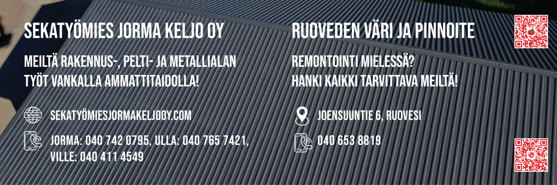 Sekatyömies Jorma Keljo Oy on vuonna 2011 perustettu rakennusalan perheyritys. Tarjoamme rakennusalan töitä Ruovedellä ja sen lähialueilla.