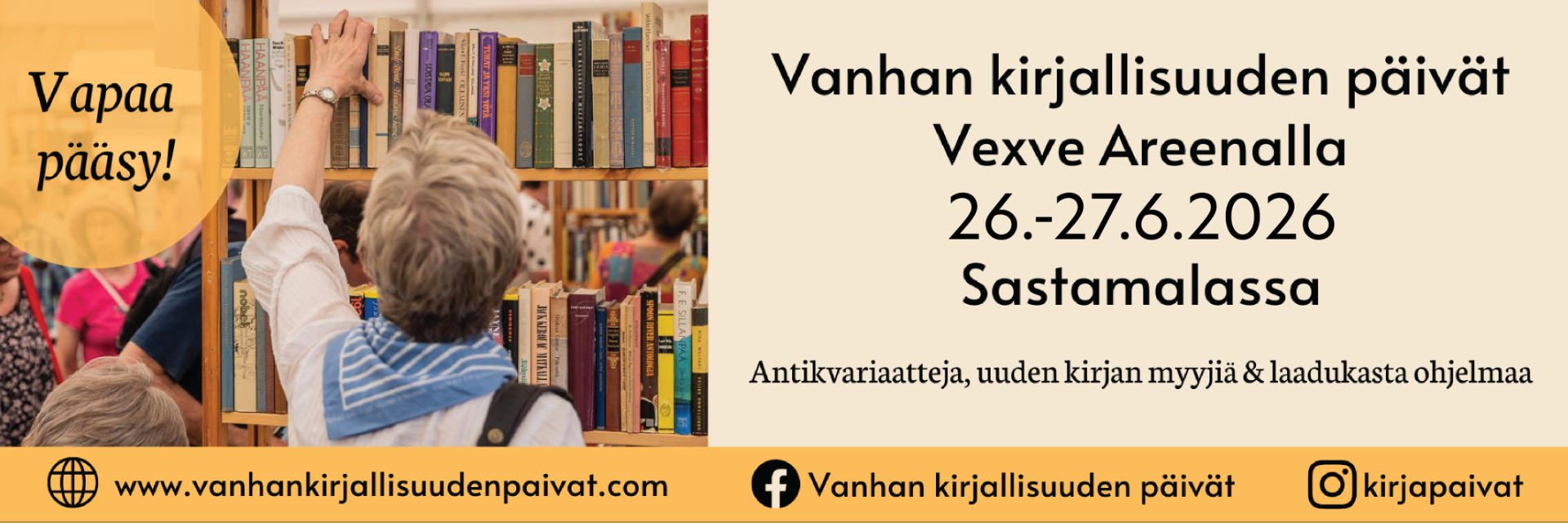 Vanhan kirjallisuuden päivät järjestetään 42. kerran Sastamalassa, Vexve Areenalla (Ratakatu 5) 26.–27.6.2026. 