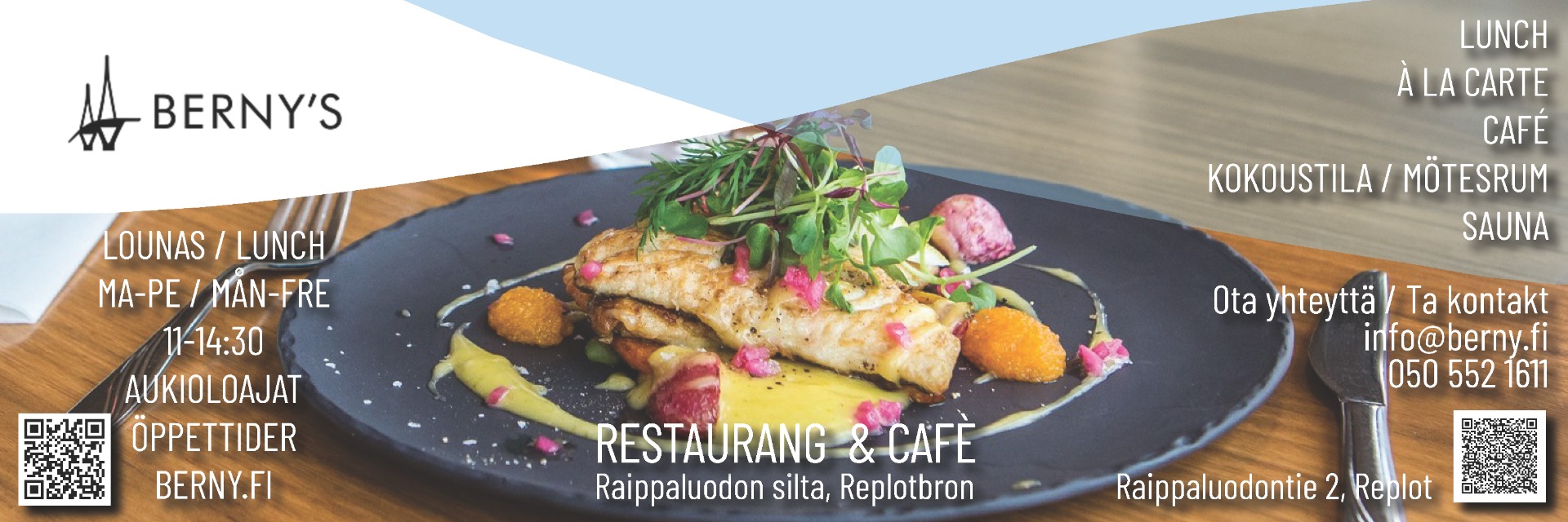 Tervetuloa Raippaluodon sillan ravintolaan - portti Suomen ainoaan luonnonperintöalueeseen! Meillä voit nauttia hyvän illallisen tai lounaan kauniissa saaristomaisemassa. Me käytämme saatavuuden mukaan kotimaisia ja paikallisia raaka-aineita.  Bernyksellä löydät ravintolan terasseineen, kahvilan, kabinetin ja saunaosaston paljuilla, sekä huvimajan meren äärellä.  Riippumatta haluatko viettää rentouttavan illallisen perheen ja ystävien kesken, romanttisen illallisen kahden kesken tai ikimuistoisen joulujuhlan, Bernys on paikka sinulle.  Tervetuloa meille, sinun maukas määränpää Raippaluodon sillalla!