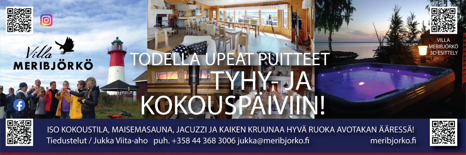 Villa Meribjörkö on upea kokous- ja juhlatila merenrannalla, 30 kilometriä Vaasasta. Vuokrataan aina vain yhdelle ryhmälle kerrallaan. Villa Meribjörkö är ett utrymme vid havsstranden menat för mötes-, utbildnings och festtillfällen, som kan hyras av endast en gästgrupp åt gången.  