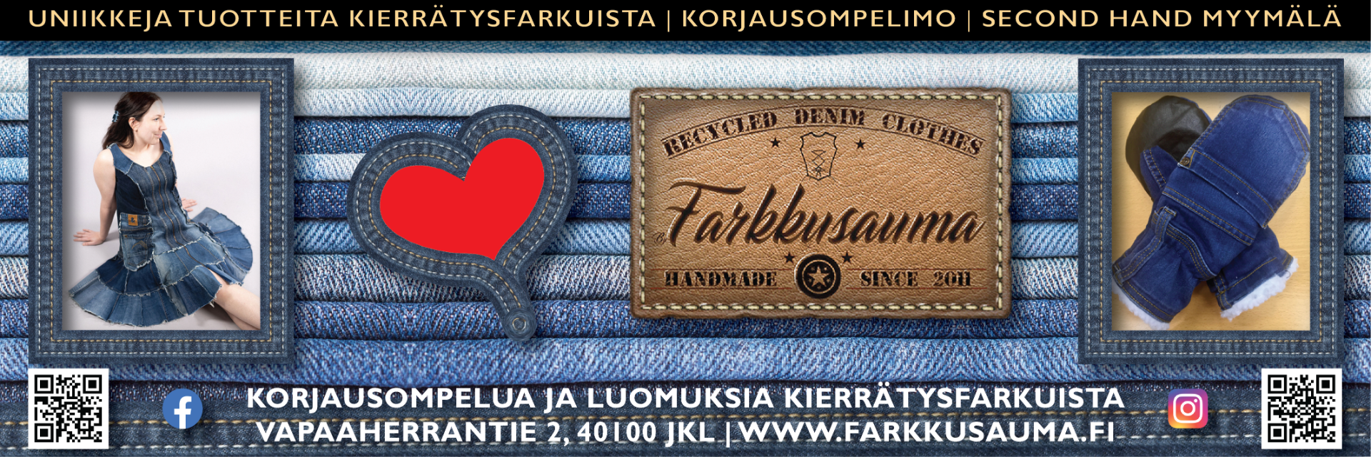 Korjausompelua, uuden ompelua, ompelutarvikkeita, uniikkeja kierrätysfarkkutuotteita ja nostalgiaa: alkuperäisiä käytettyjä farkkuvaatteita. Koko ei ole rajoite, koska ompelimossamme vaatteet muokataan tarvittaessa juuri sinulle istuvaksi. Farkkusauma sijaitsee Tourukeskuksessa Jyväskylässä.