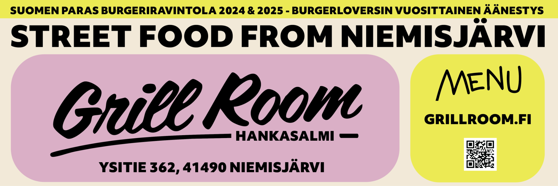 Grill Room Hankasalmi - Suomen paras burgeriravintola 2024 ja 2025 - Sekoitus perinteistä tienvarsigrilliä ja kansainvälistä Street Food kojua.