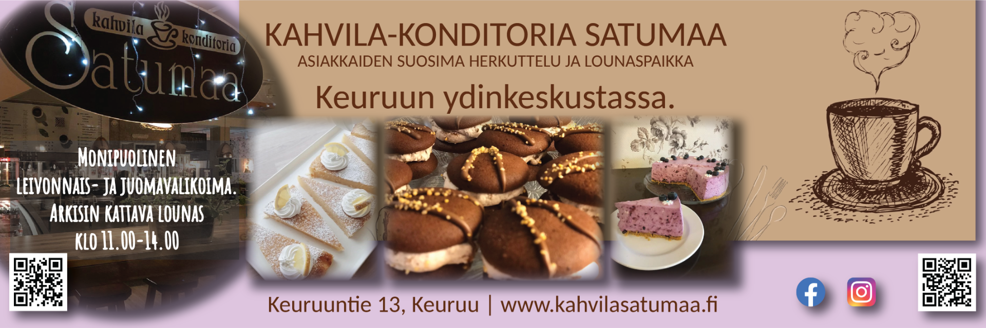 Kahvila-konditoria Satumaa - Keuruun ydinkeskustassa sijaitseva viihtyisä ja tunnelmallinen kahvila-konditoria. Kahvilamme toivottaa kaikenikäiset asiakkaat tervetulleeksi, nauttimaan hyvästä palvelusta sekä monipuolisesta leivonnais- ja juomavalikoimasta! Kesäaikaan voit seurata kaupungin vilinää ja nauttia auringosta terassillamme. 