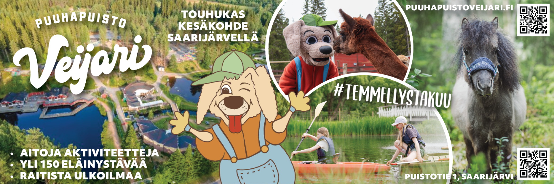 Puuhapuisto Veijari on nimensä mukaisesti aito puuhapuisto, jossa liikutaan ja temmelletään raikkaassa ulkoilmassa, luonnon sylissä. Lukuisten aktiviteettien lisäksi puiston sydämestä löytyy suuri joukko valloittavia eläimiä, sympaattinen Kappelilammen kesäkahvila sekä ravintolan herkulliset tarjoilut. Eri väriset ja hullunkuriset rakennukset mahdollistavat hauskanpidon suojassa myös sateen yllättäessä. Puuhapuisto Veijarissa on huippuhauskaa tekemistä kaiken ikäisille – temmellystakuulla!