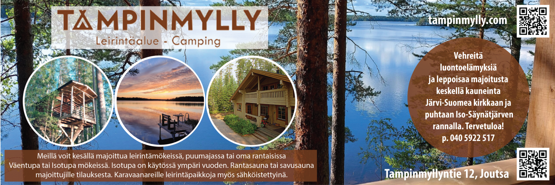 Tampinmyllyn leirintäalue tarjoaa luonnonläheistä majoitusta Joutsassa, keskellä kauneinta Järvi-Suomea, Iso-Säynätjärven rannalla.