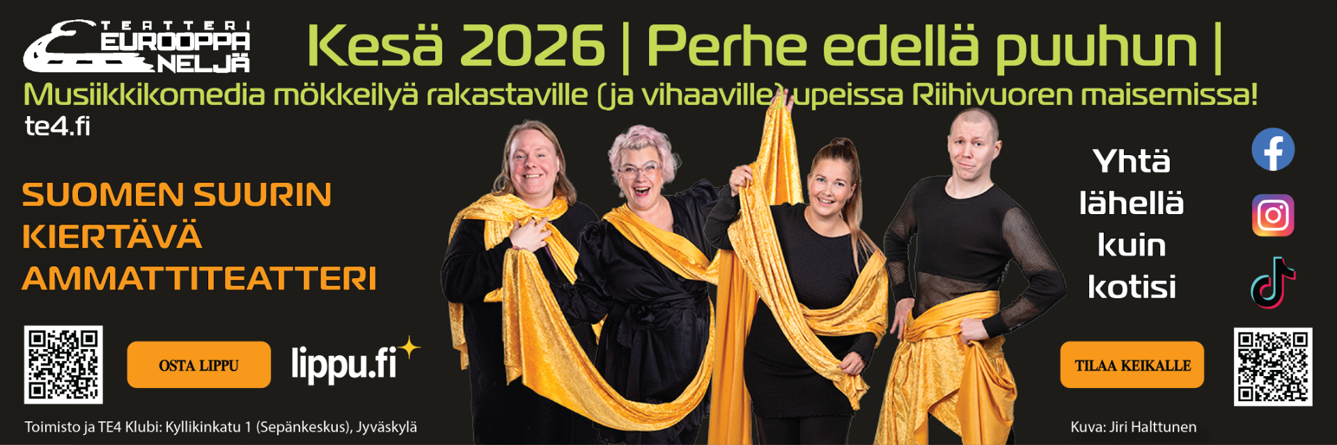 Viime kesän menestysnäytelmän, ”Yhtenä iltana”, käsikirjoittaja Tiina Iisala ja komedian monitaituri Antti Tuomas Heikkinen ovat kirjoittaneet yhdessä musiikkinäytelmän, joka naurattaa, mutta ehkä vähän myös itkettää. Tärkeintä on lopulta perhe. Ja se, että mökkinaapurit ovat kateellisia. Musiikista vastaa takuuvarma TE4 Band. Esityskausi 16.6. – 1.8.2026 Riihivuoren kesäteatterissa. Lippuvaraukset ja lisätiedot: toimisto@te4.fi / 040 3000 800