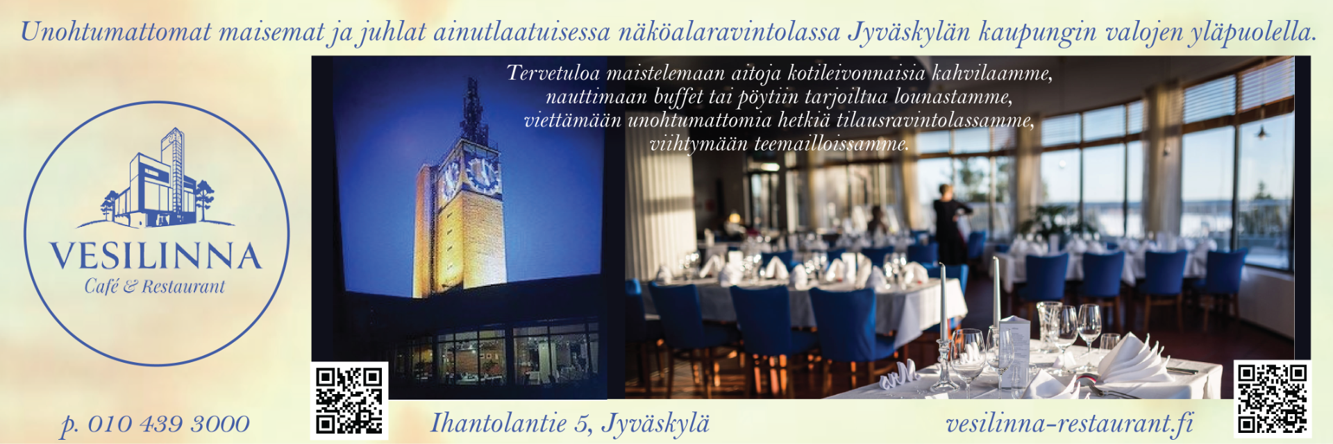 Café & Restaurant Vesilinna Jyväskylässä tarjoaa maittavan buffet lounaan. Vaihtoehtona myös kolmen ruokalajin lounas pöytiin tarjoiltuna sekä brunssi.