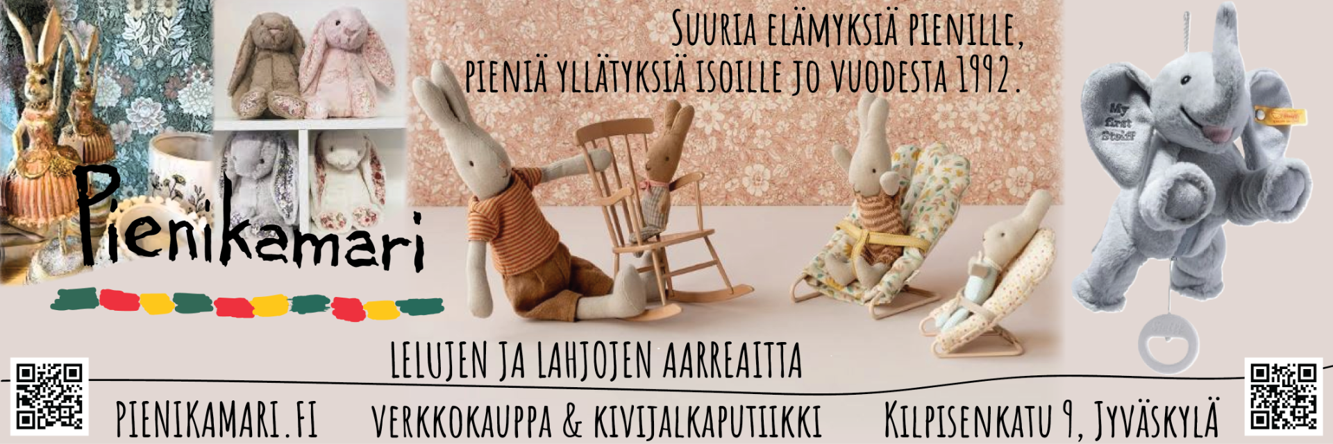 Persoonallinen pikkupuoti Jyväskylässä. Suuria elämyksiä pienille, pieniä yllätyksiä isoille jo vuodesta 1992. Klikkaamalla kuvaa pääset suoraan Pienikamarin nettipuotiin.