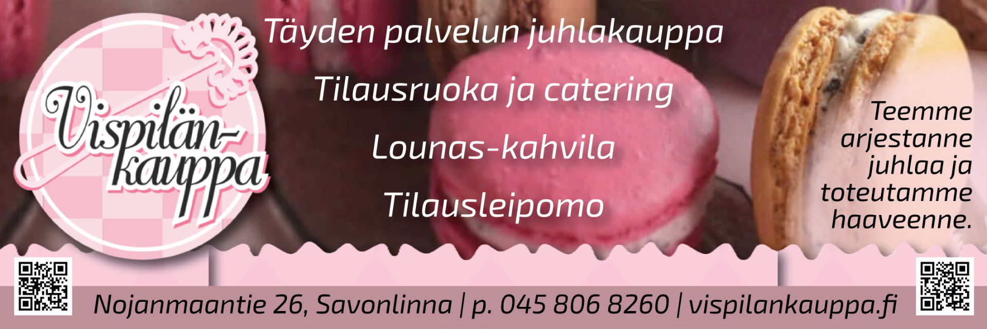 Vispilänkauppa - Lounas-kahvilamme ja tilausleipomomme sijaitsee savonlinnan nojanmaassa jossa tarjoamme arkisin perinteistä kotiruokalounasta ja mukaan voit ostaa leivonnaisia kotiin vietäväksi. Kahvilan yhteydessä toimii myös pieni juhla, leivonta ja pakkaustarvike myymälä josta löytyy tuotteita kotileipurista ammattilaisiin.