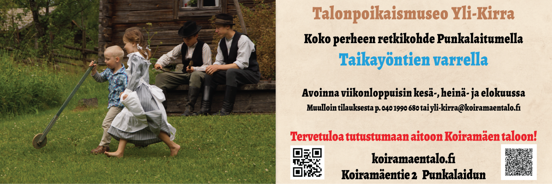 Yli-Kirra on talonpoikaismuseo keskellä satakuntalaista kulttuurimaisemaa. Kesällä viikonppuisin avoinna oleva museoalue, joka käsittää n. 30 erilaista rakennusta, tarjoaa aikamatkan maaseudun historiaan, perinteisiin työtapoihin ja Mauri Kunnaksen Koiramäen tunnelmaan. Tervetuloa kokemaan, oppimaan ja viihtymään koko perheen voimin!