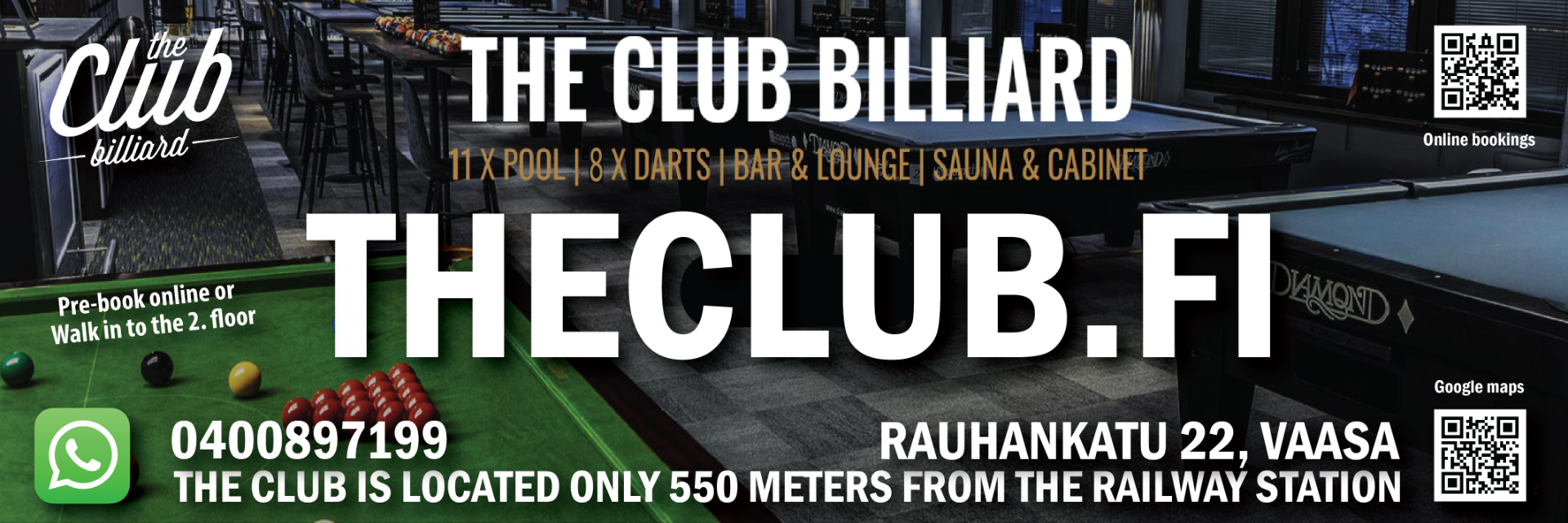 Tervetuloa The Club Billiard'iin – avoinna kaikille! Toisen kerroksen biljardisali on avoinna yleisölle ti-la sekä ryhmille tilauksesta joka päivä. Salissa 8 kpl Poolpöytää, viihtyisä Lounge dartstauluineen ja lautapeleineen sekä Baari.