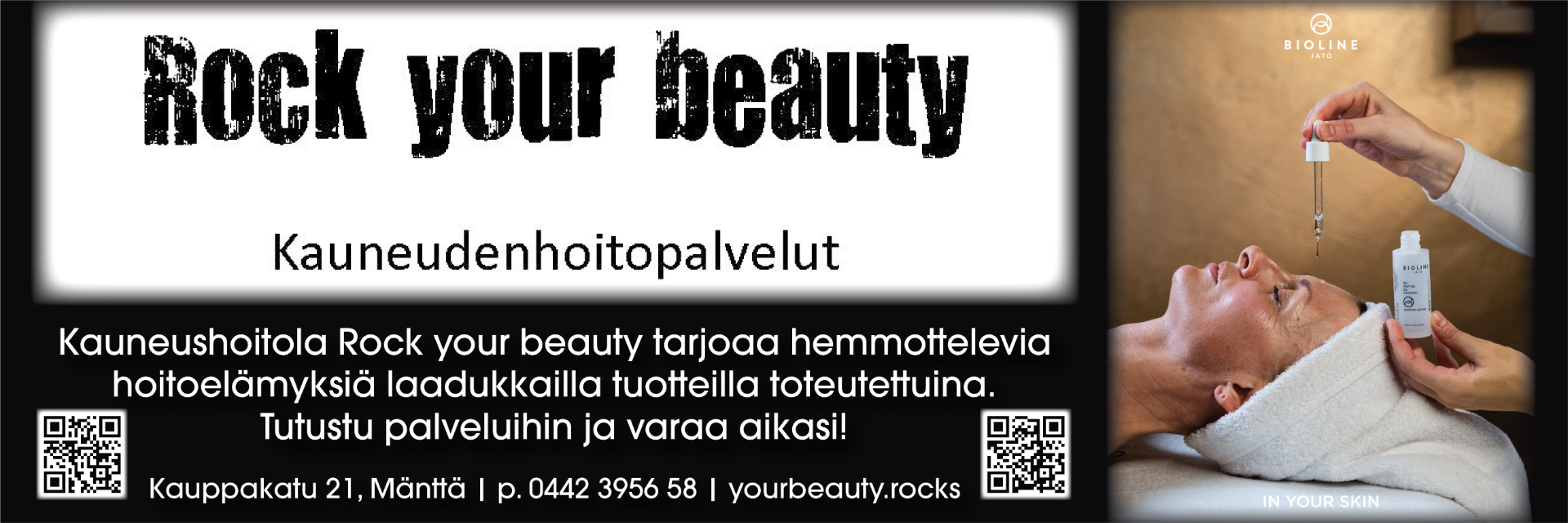 Rock your beauty ja varaa aikasi soittamalla numeroon 044 239 5658 tai tule käymään. Voit ottaa yhteyttä myös sähköpostitse osoitteeseen jenna@yourbeauty.rocks.
