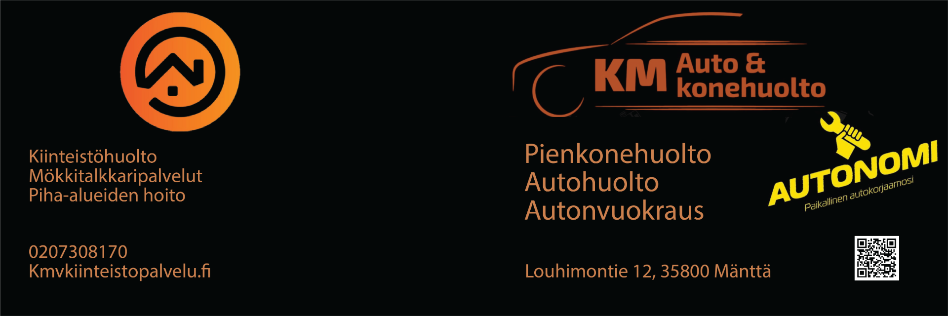 KMV Kiinteistöpalvelu. Meitä kiinteistön ylläpitohuollon lisäksi onnistuu myös pihatyöt ja -pesut, lumityöt ja ympäri vuorokauden päivystävä huolto.                  KM Auto- ja Konehuolto Huollamme kaikki koneet – nopeasti ja luotettavasti! ✓ Autot ✓ Työkoneet ✓ Maatalouskoneet ✓ Pienkoneet
