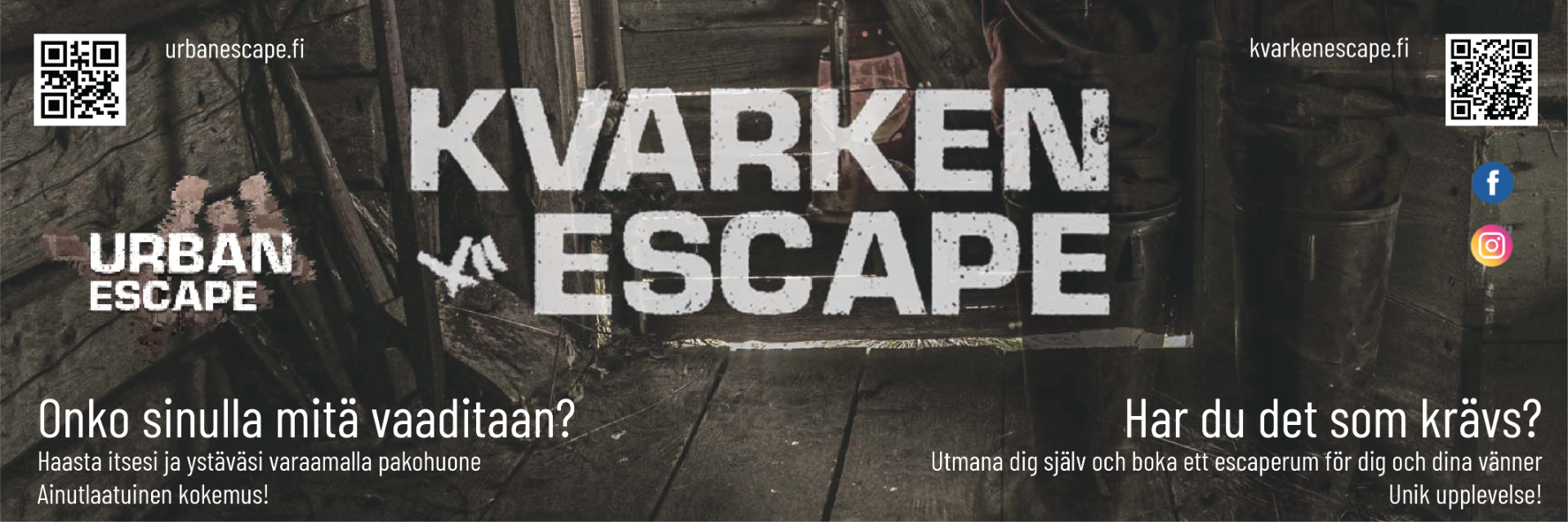Hos oss hittar du inget rum det andra likt.  KvarkenEscape erbjuder utmaningar, underhållning och nöje åt såväl vuxna som barn i form av enastående escaperoom och utomhusäventyr ute i Kvarkens världsarv. Äventyren har anknytning till livet i Kvarkens skärgård förr och nu. Fast med kanske lite, eller ja, mycket, extra kryddade tolkningar. Merenkurkun maailmanperintöalueella sijaitseva KvarkenEscape tarjoaa elämyksiä haasteen, viihteen ja huvin muodossa.. Seikkailuilla on kytkös lähisaariston entisaikaiseen sekä nykyiseen elämään. Tosin hieman, tai aika lailla maustetuin tulkinnoin.