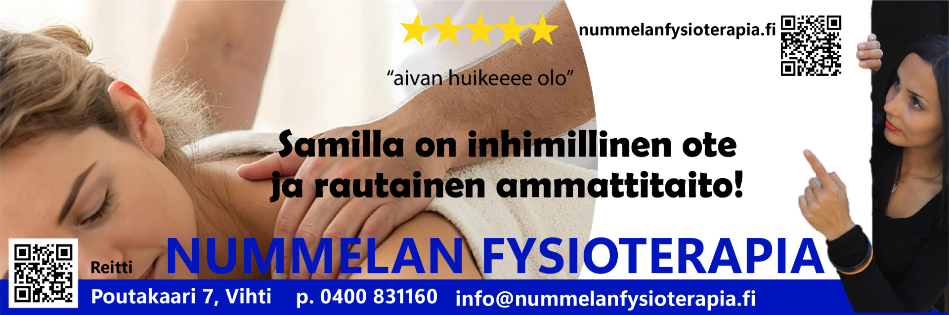 Nummelan Fysioterapia on fysikaalista hoitoa ja kuntoutusta tarjoava yritys Vihdissä. Toimintaperiaatteemme on palvella asiakasta yksilönä ja paneutua vaivan juurisyihin. Ammattia olemme harjoittaneet jo vuodesta 1985 lähtien ja Nummelan Fysioterapia -nimellä vuodesta 1993. Olemme Suomen Ortopedisen manuaalisen terapian yhdistyksen jäsen vuodesta 1991 lähtien. Nummelan Fysioterapiasta saat monipuoliset fysioterapeuttiset palvelut kuten kuntoutuksen ja faskiamanipulaation.