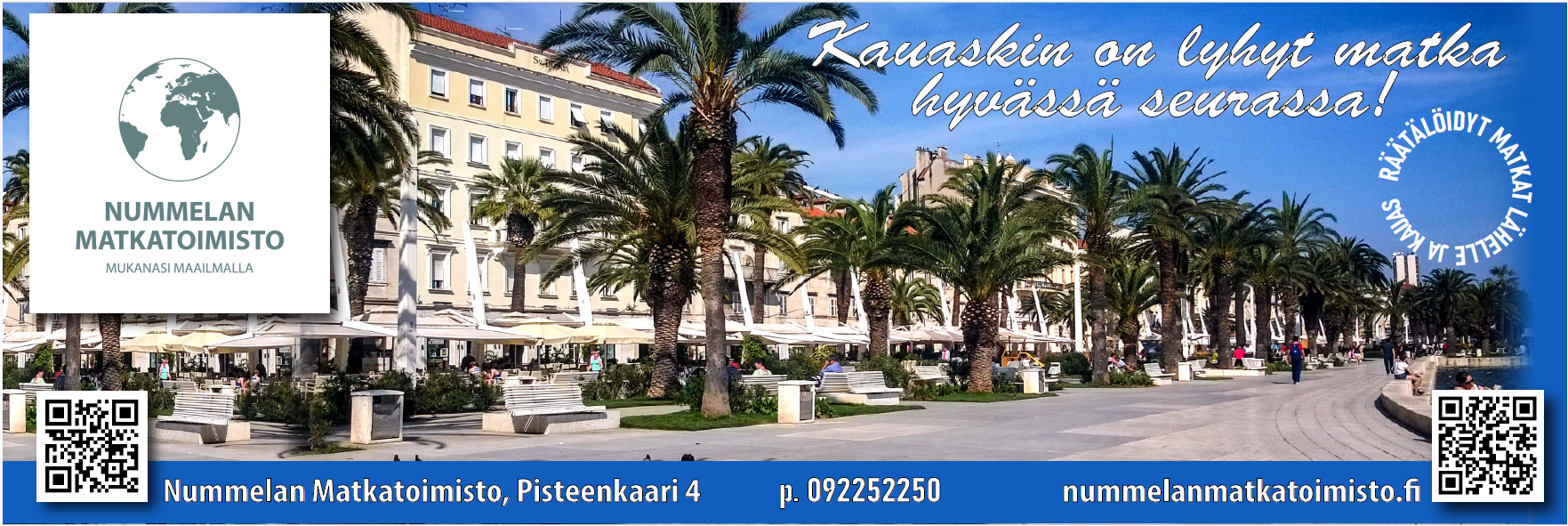 Nummelan Matkatoimisto tarjoaa matkapalveluita kuten liikematkat, valmismatkat ja ryhmämatkat.