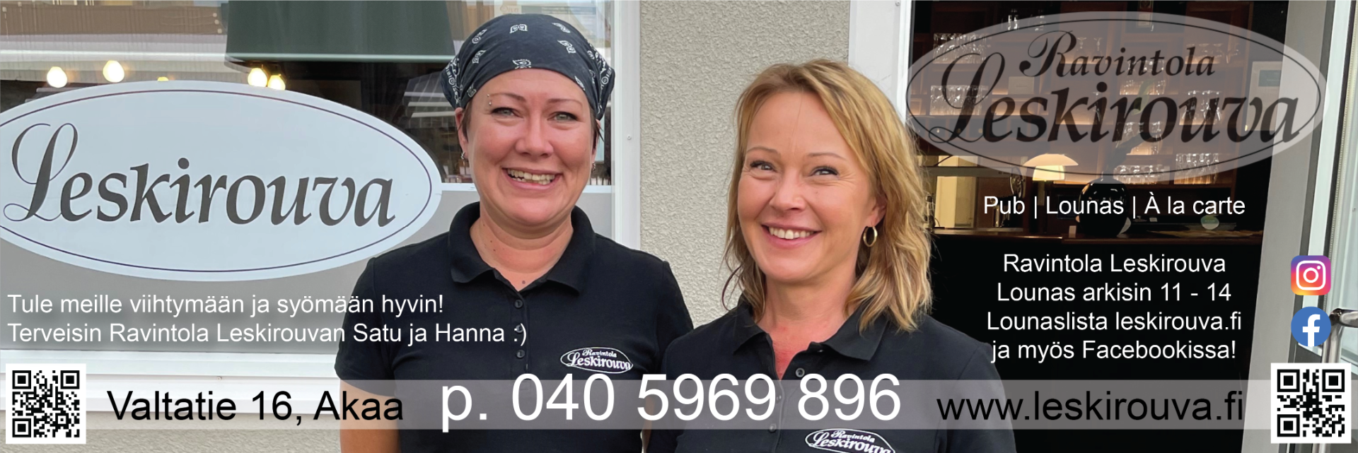 Ravintola Leskirouva tarjoaa monipuolisen ravintolakokonaisuuden Akaassa, Toijalan sydämessä. Ruokaravintolamme tarjoaa maittavaa kotiruokalounasta seisovasta pöydästä. À la carte -listaltamme löydät herkulliset, rehelliset ruoka-annokset, joissa käytämme paikallisten tuottajien raaka-aineita. Meiltä löydät myös viihtyisän pubin, jossa voit osallistua bingoon tiistaisin tai testata tietämystäsi visoissa torstaisin ja sunnuntaisin. Viikonloppuisin laulellaan karaokea ja kuunnellaan live musiikkia. Tervetuloa!