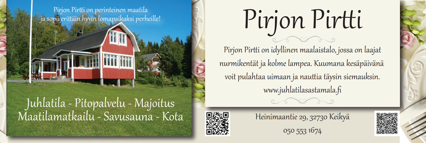 Pirjon Pirtti kutsuu rentoutumaan, juhlimaan, olemaan ja lepäämään. Meillä järjestät unohtumattoman juhlan tai yövyt levollisesti omassa rauhassa.