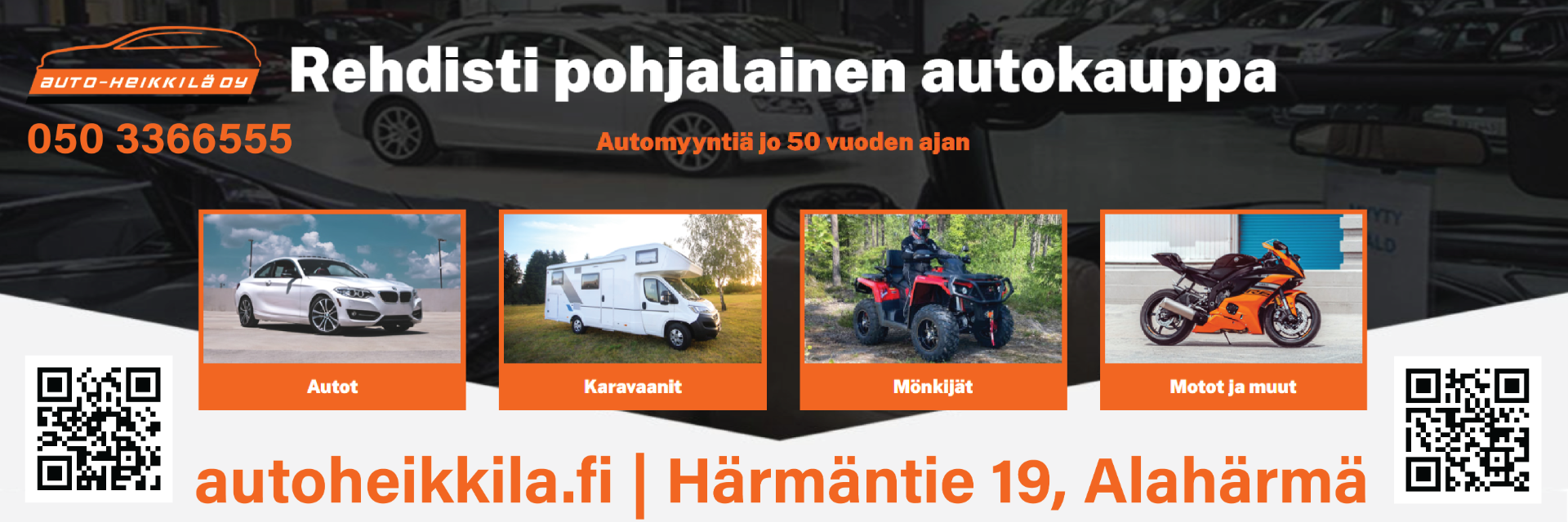 Meiltä laadukkaat vaihtoautot, karavaanit, mönkijät ja muut ajoneuvot. Liikkeemme sijaitsee Alahärmän keskustassa Etelä-Pohjanmaalla.