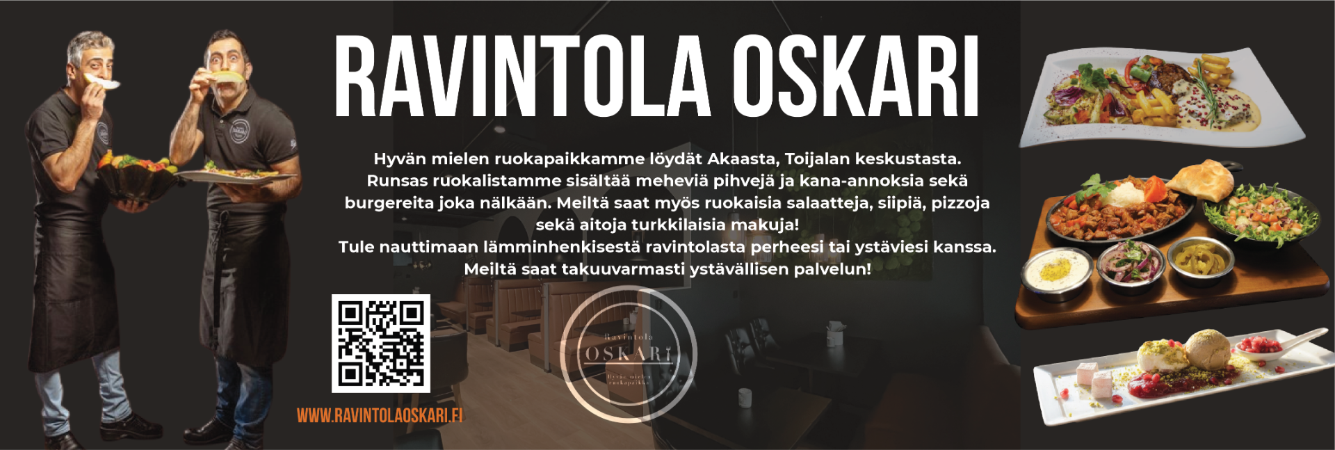 Tervetuloa nauttimaan aitoja turkkilaisia makuja Ravintola Oskariin! Meiltä löydät annokset jokaisen makuun. Tsekkaa ruokalistamme osoitteesta ravintolaoskari.