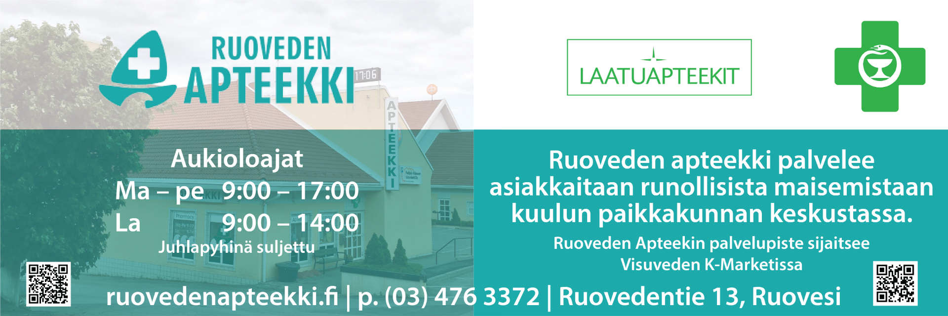 Tervetuloa Ruoveden apteekkiin Meiltä saat tarvitsemiesi lääkkeiden käytön tueksi ystävällisen opastuksen, tuletpa sitten noutamaan reseptilääkkeitä tai itsehoitotuotteita. Asiantuntevalla henkilökunnallamme on aina aikaa sinulle.