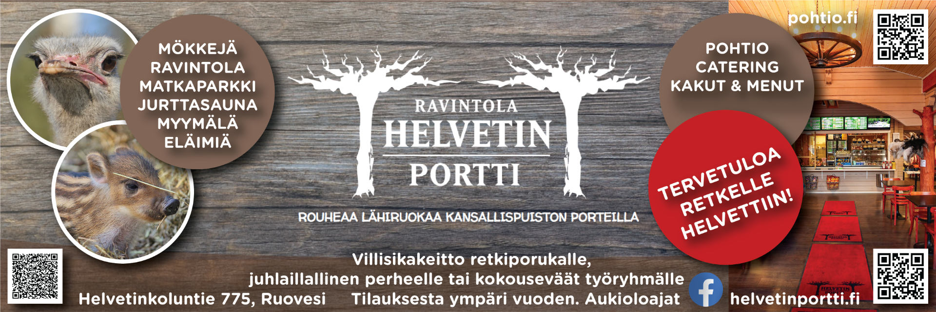 Poikkea luontoon Ravintola Helvetin Portti palvelee matkailijoita Helvetinjärven kansallispuiston porteilla aina keväästä syksyyn.  Erikoisuutemme on ruokalista, joka koostuu erityisesti oman tilan villisika- ja strutsiannoksista. Meillä voit nauttia aitoa lähiruokaa, majoittua vuokramökeissä ja tutustua kotitilamme eläimiin.