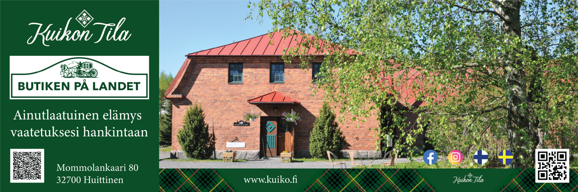 Kuikon Tila - Butiken på Landet – erilainen vaatekauppa. Butiken på Landet kaupasta löydät monipuolisen valikoiman laadukkaita ja ajattomia naisten ja miesten vaatteita, kenkiä ja laukkuja. Kaupassa yhdistyy ainutlaatuisella tavalla maaseudun kiireettömyys ja erikoisliikkeen tuotteet. Mallistot on tarkoin valittu eurooppalaisten valmistajien mallistoista.