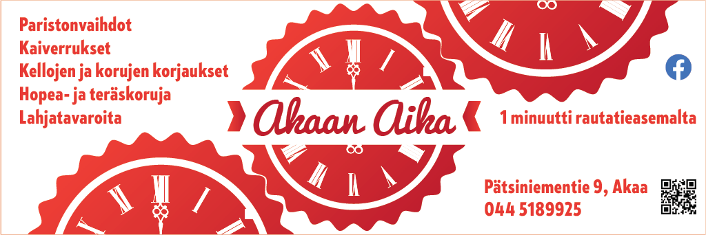 Akaan Aika - Paristonvaihdot, kaiverrukset, kellojen ja korujen korjaukset. Hopea- ja teräskoruja sekä lahjatavaraa.