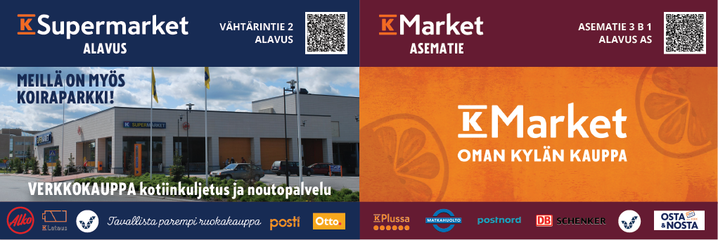 K-Supermarket Alavus - Tavallista parempi ruokakauppa Alavuden keskustassa. Lisäpalveluina Postin palvelupiste, Postin pakettiautomaatti, Veikkaus, Osta&Nosta ja meillä on myös koiraparkki. Kiinteistössä toimii myös Alko. K-Market Alavus - Oman kylän kauppa. Tervetuloa ostoksille!