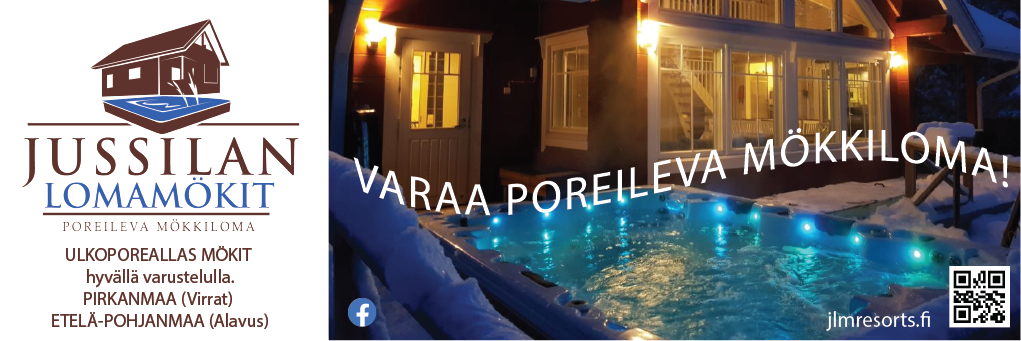 Jussilan Lomamökit vuokraa hyvin varusteltuja mökkejä upeissa järvenrantamaisemissa Pirkanmaalla (Virrat) ja Etelä-Pohjanmaalla (Alavus). Lomamökeissä on korkea varustelutaso ja ulkoporeallas kuuluu mökkien vakiovarustukseen.